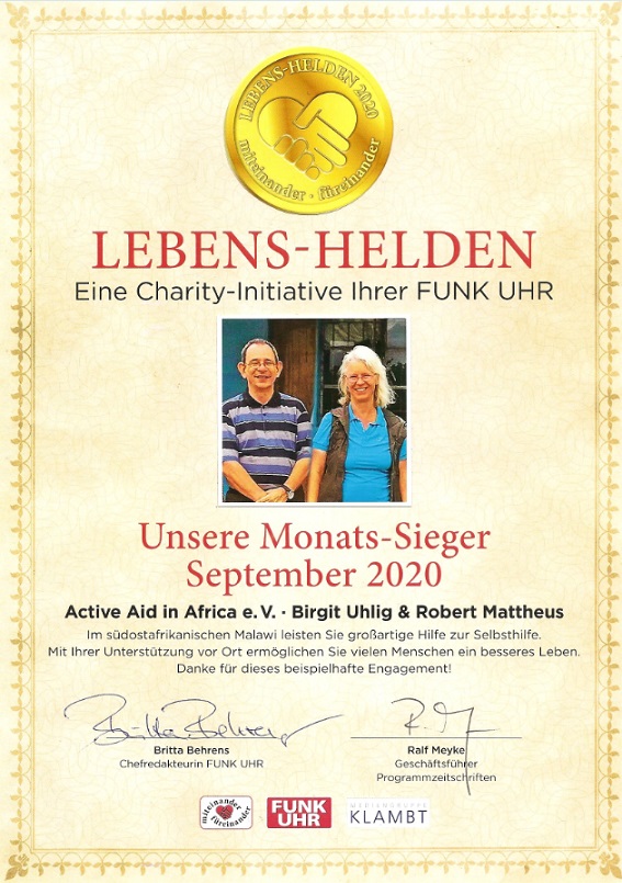 Urkunde für Active Aid in Africa als Monatssieger im September 2020 in Funk Uhr Urkunde für Active Aid in Africa als Monatssieger im September 2020 in Funk Uhr