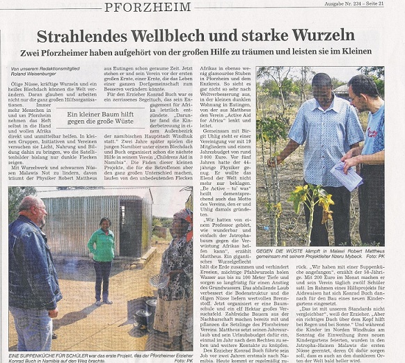 Active Aid in Africa im Pforzheimer Kurier mit Starke Wurzeln Active Aid in Africa im Pforzheimer Kurier mit Starke Wurzeln