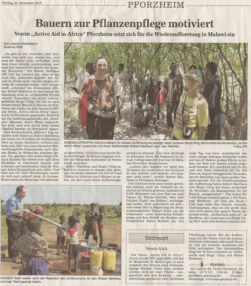 Active Aid in Africa im Pforzheimer Kurier über Nachhaltige Hilfe als PDF-Datei Active Aid Africa im PK über Bauern zur Pflanzenpflege motiviert