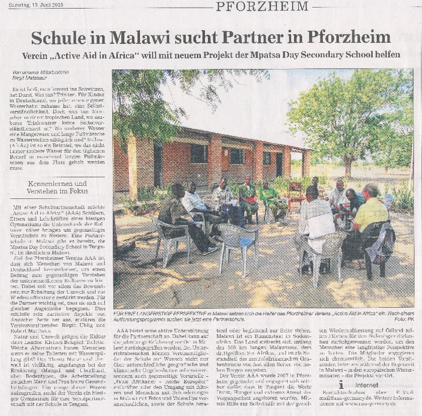Active Aid in Africa im Pforzheimer Kurier über Schule in Malawi sucht Partner in Pforzheim