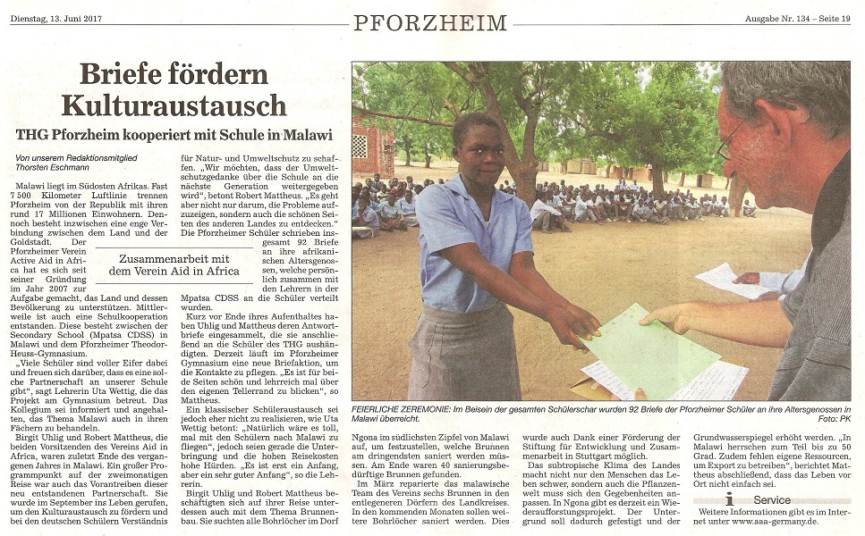 Active Aid in Africa im Pforzheimer Kurier über Briefe fördern Kulturaustausch